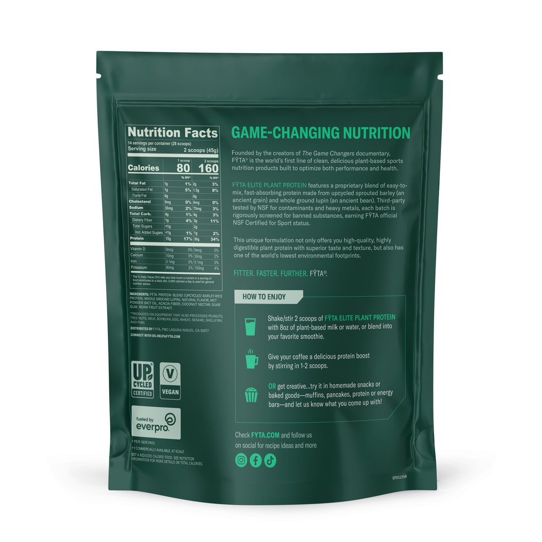 Nutrition facts for Elite Plant Protein